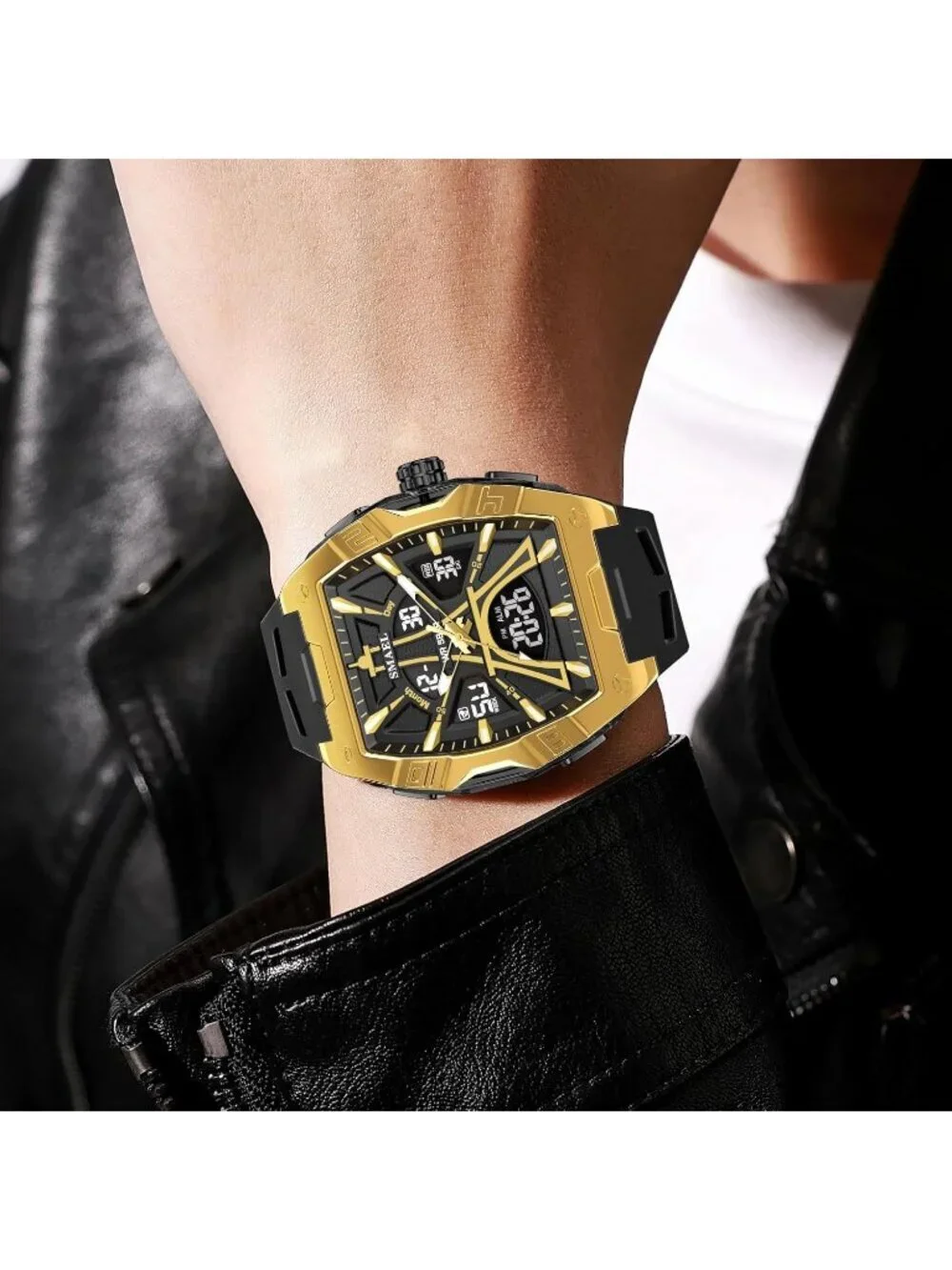 Mens Black Gold Analog Quartz Waterproof Sports Classic Square LED Digital Watch